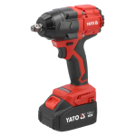 Pistola de impacto inalámbrica YATO 18V de 350 Nm con encastre 1/2 pulgada, batería corta, batería extendida 4Ah, cargador rápido, dado 22mm y bolso de lona.