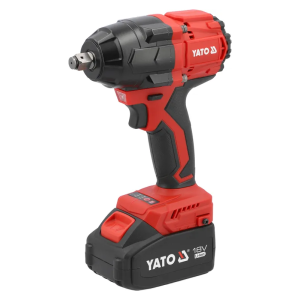 Pistola de impacto inalámbrica YATO 18V de 350 Nm con encastre 1/2 pulgada, batería corta, batería extendida 4Ah, cargador rápido, dado 22mm y bolso de lona.